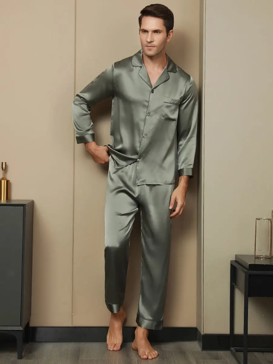 Men's 100% Mulberry Silk Long Sleeve Lapel Collar Pajamas Set