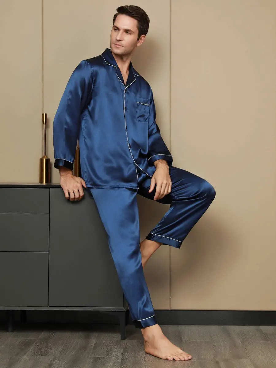 100% Mulberry Silk Long Sleeve Men's Pajamas Set