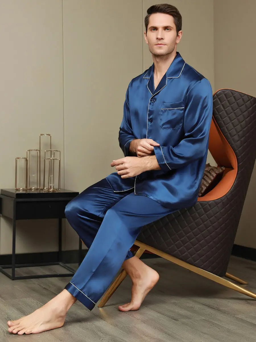 100% Mulberry Silk Long Sleeve Men's Pajamas Set — view 6