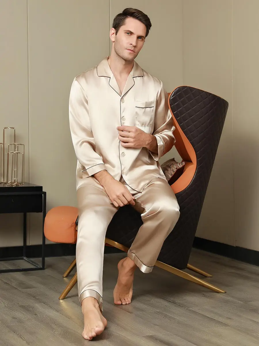 100% Mulberry Silk Long Sleeve Men's Pajamas Set