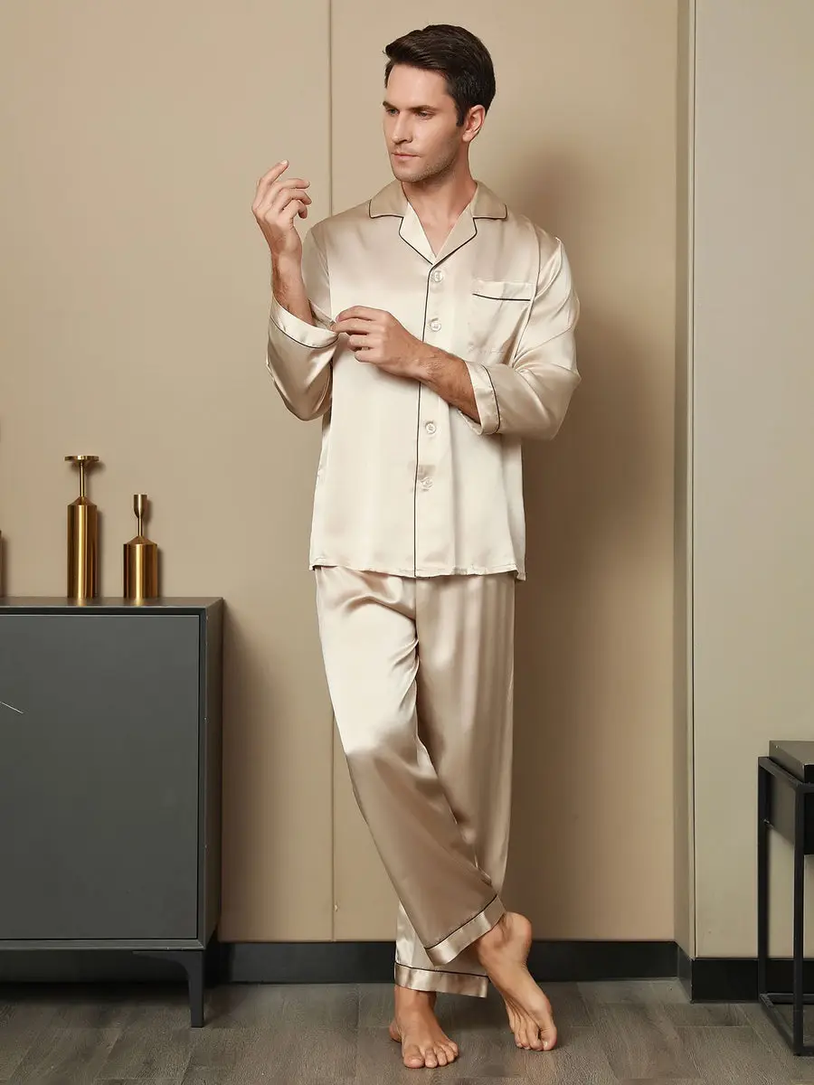 100% Mulberry Silk Long Sleeve Men's Pajamas Set — view 6