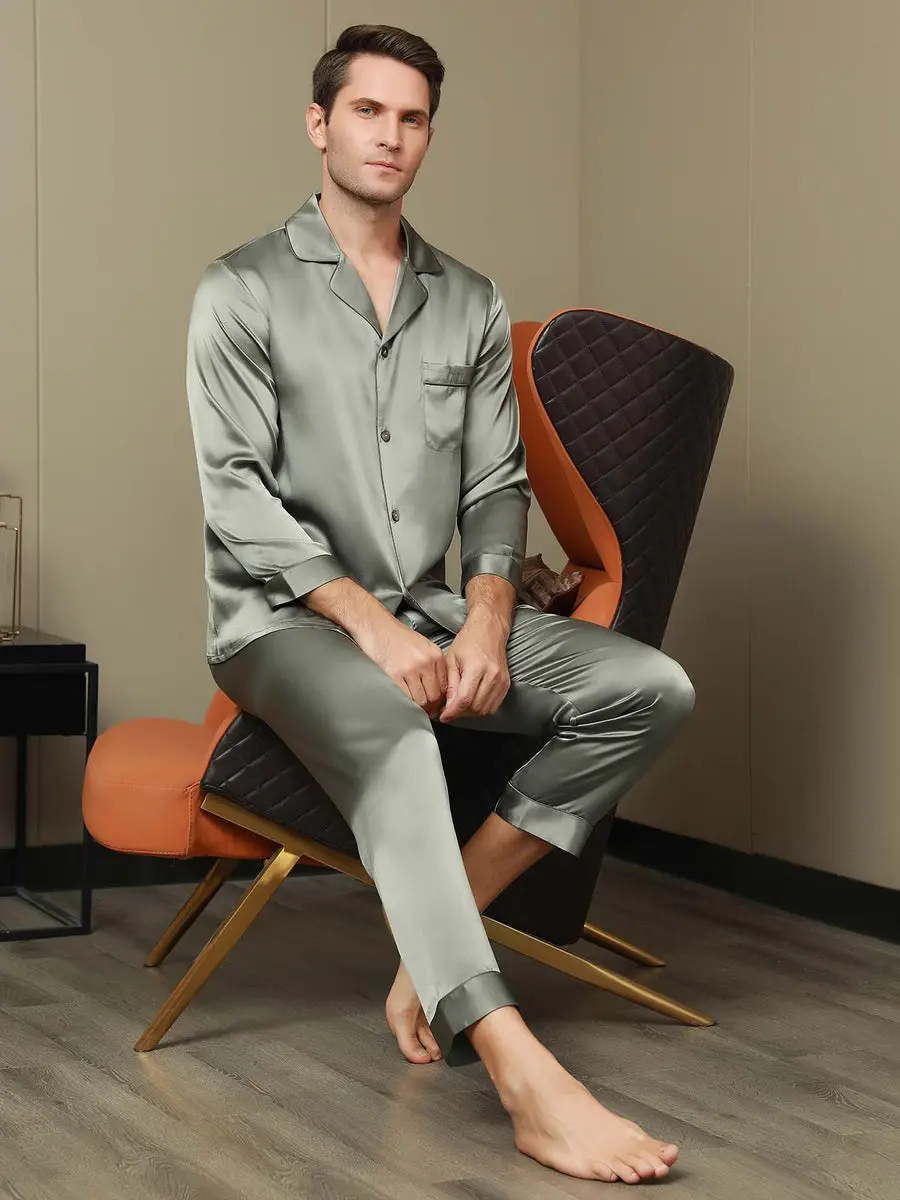 Men's 100% Mulberry Silk Long Sleeve Lapel Collar Pajamas Set — view 6