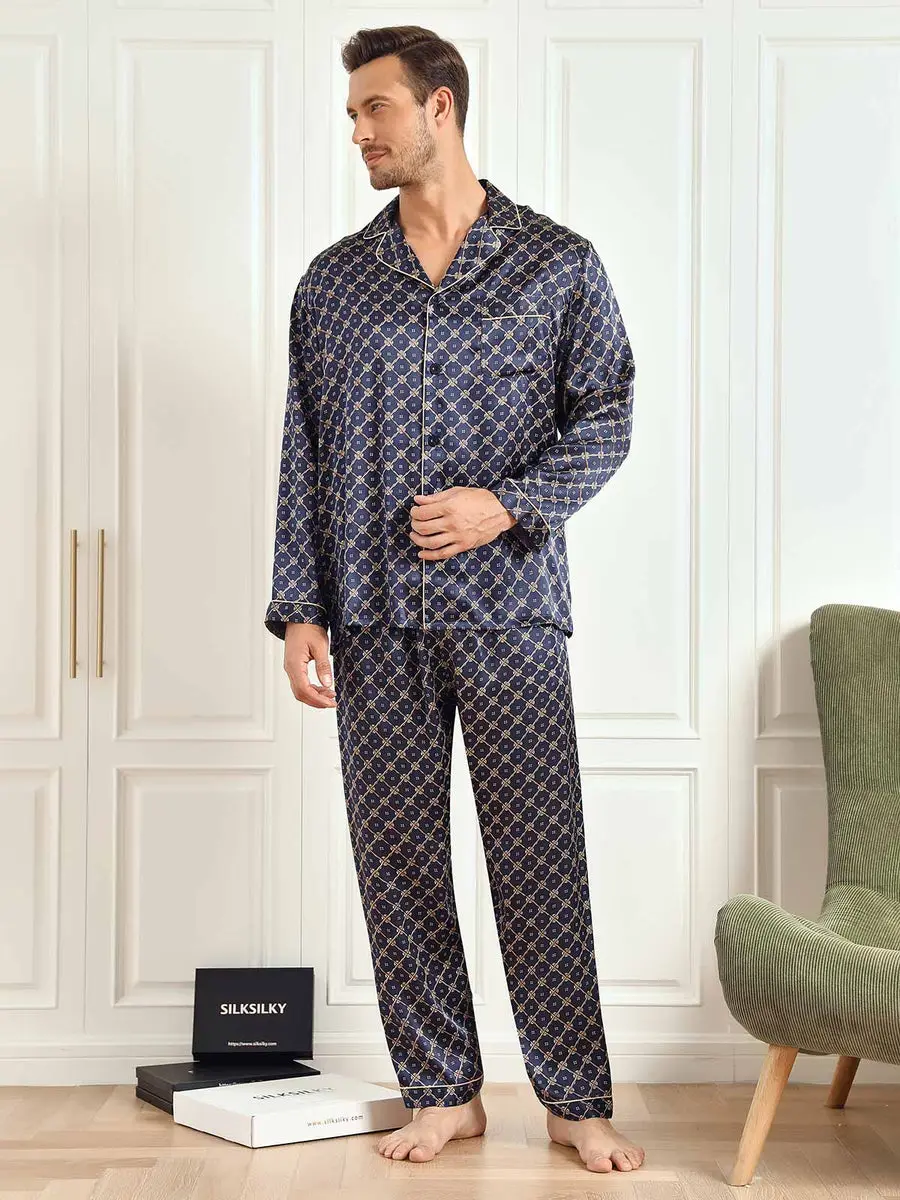 100% Mulberry Silk Navy Chain Print Long Sleeve Men's Pajamas Set With Pants — view 6