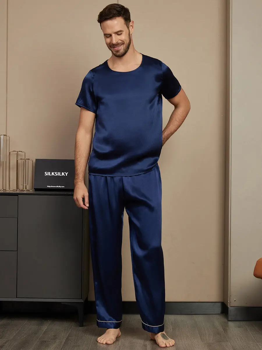 100% Mulberry Silk Short Sleeve Round Neck Men's Pajamas Set with Pants