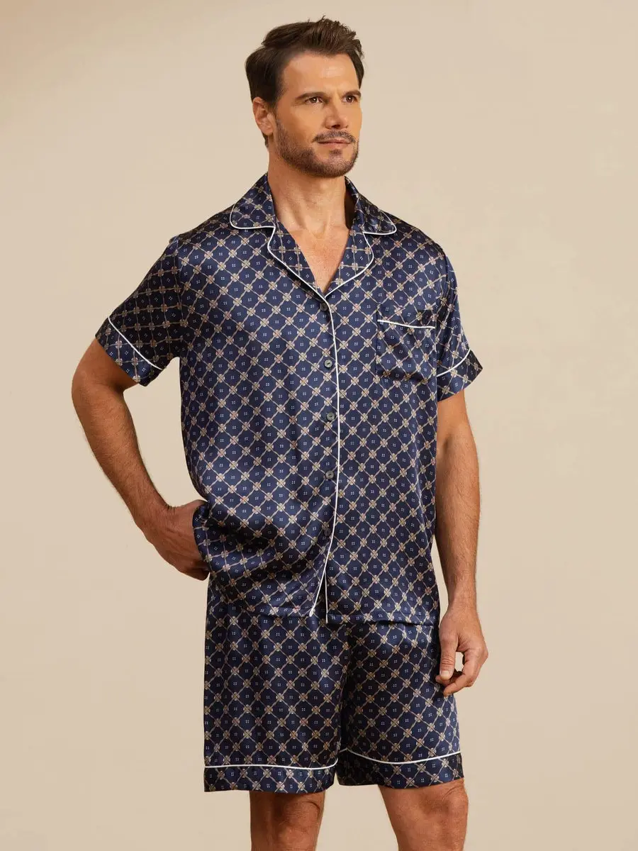 100% Mulberry Silk Short Sleeve Notch Collar Men's Chain Print Pajamas Set with Shorts