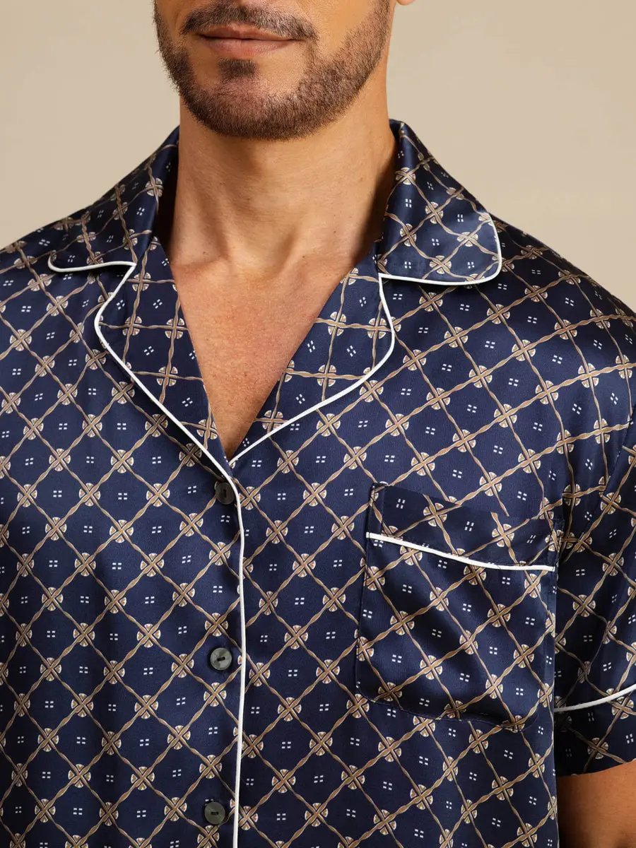 100% Mulberry Silk Short Sleeve Notch Collar Men's Chain Print Pajamas Set with Shorts — view 6