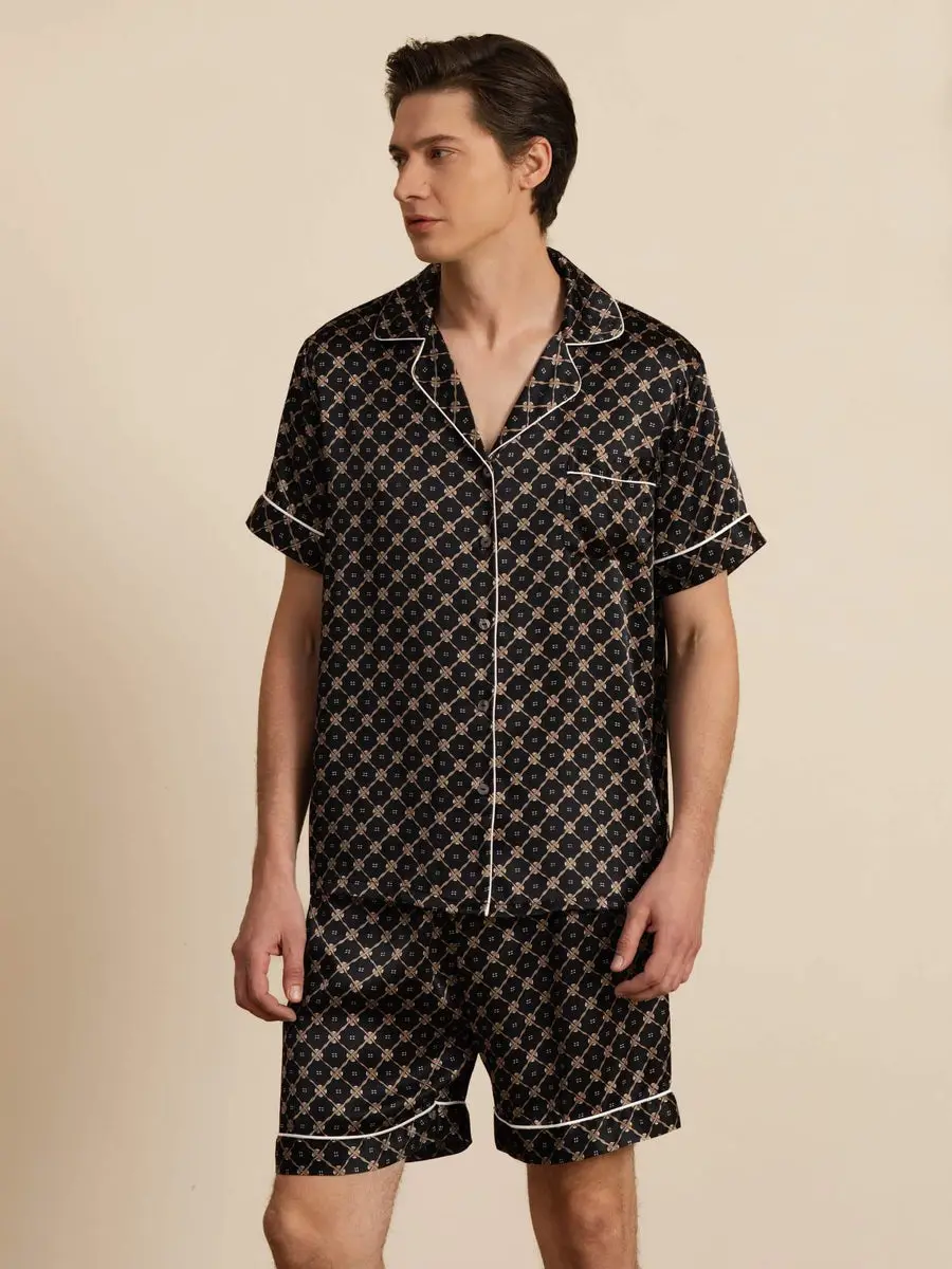 100% Mulberry Silk Short Sleeve Notch Collar Men's Chain Print Pajamas Set with Shorts
