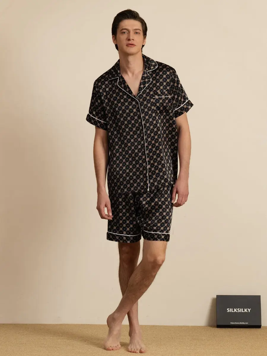 100% Mulberry Silk Short Sleeve Notch Collar Men's Chain Print Pajamas Set with Shorts — view 6