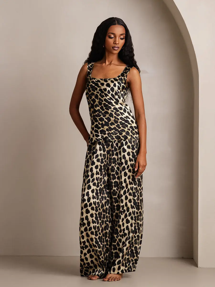 Women's 100% Mulberry Silk Leopard Print Square Neck Tank Top & Wide Leg Pants Set