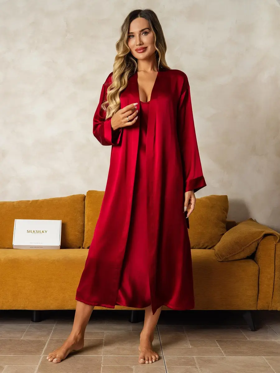 100% Mulberry Silk V-Neck Midi Nightgown & Robe Set 2Pcs — view 6