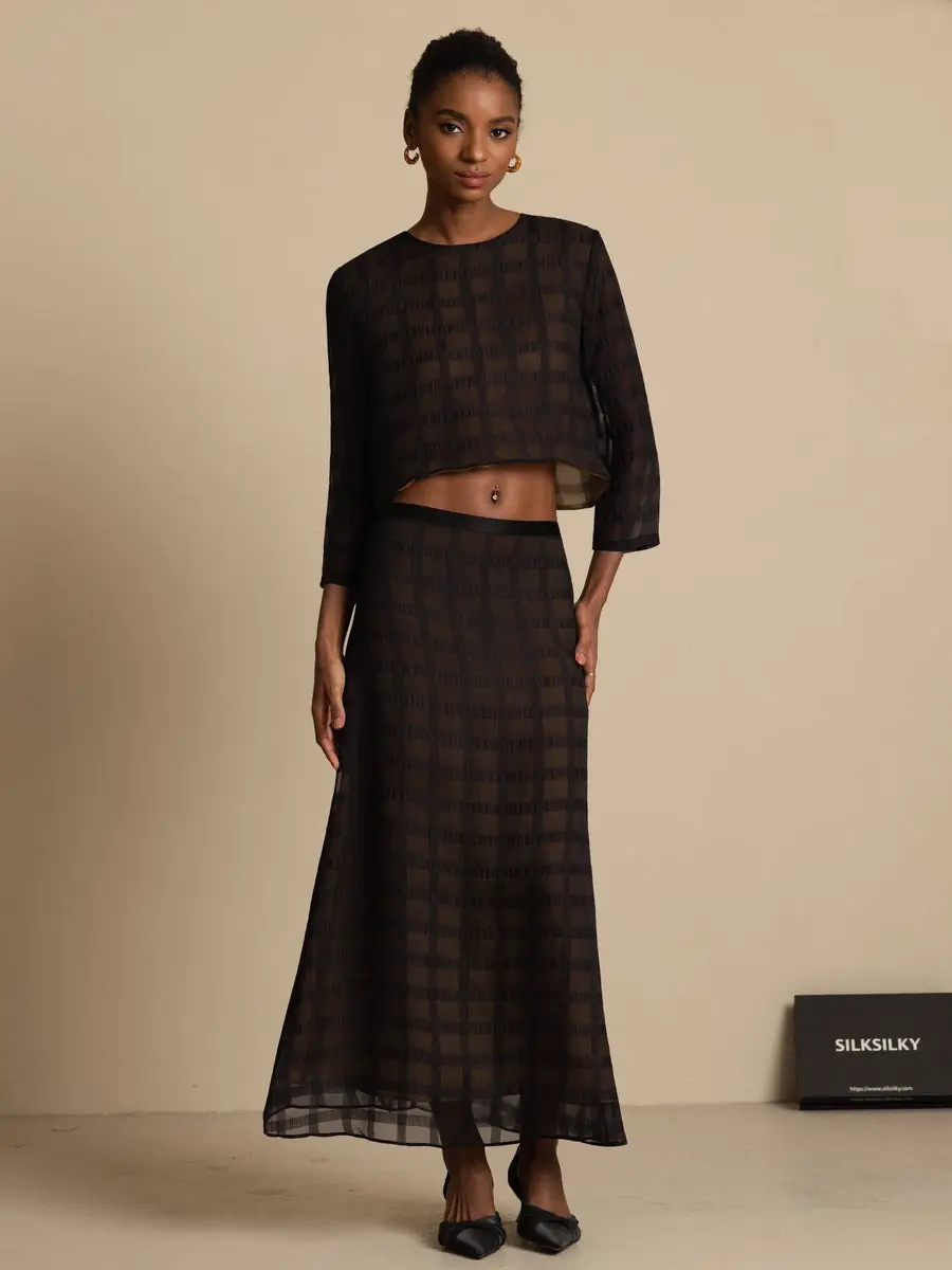 100% Mulberry Silk Women's Textured Grid Crop Blouse & A-Line Long Skirt Set