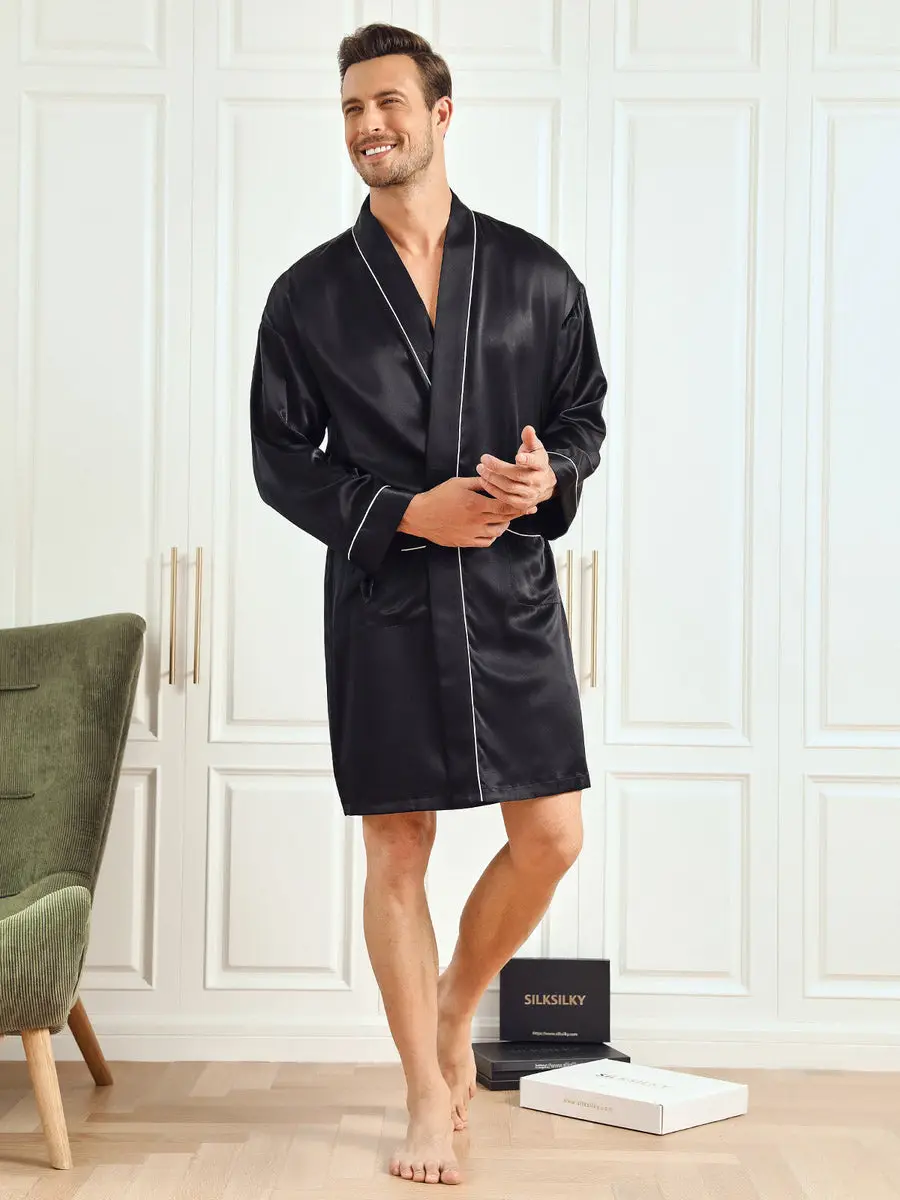 100% Mulberry Silk Classic Kimono Sleeve Men's Robe — view 6