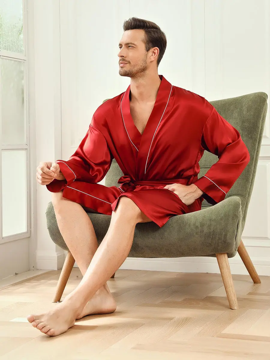 100% Mulberry Silk Classic Kimono Sleeve Men's Robe — view 6