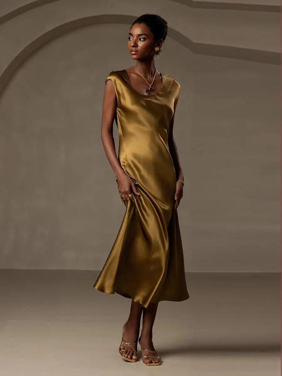 19Momme Silk Cap Sleeve Round Neck Midi Dress — view 6