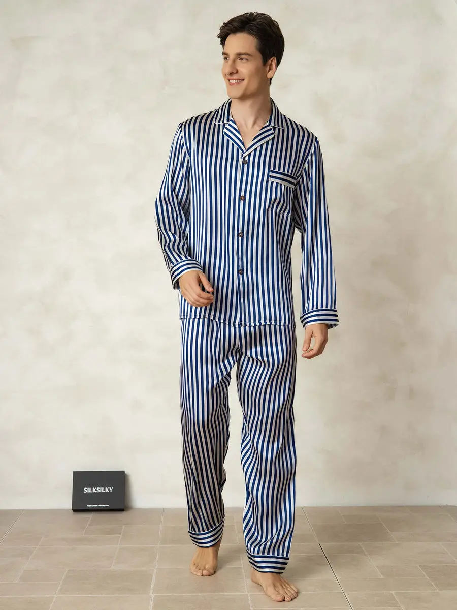 Men's 100% Mulberry Silk Stripe Print Long Sleeve Lapel Collar Pajamas Set