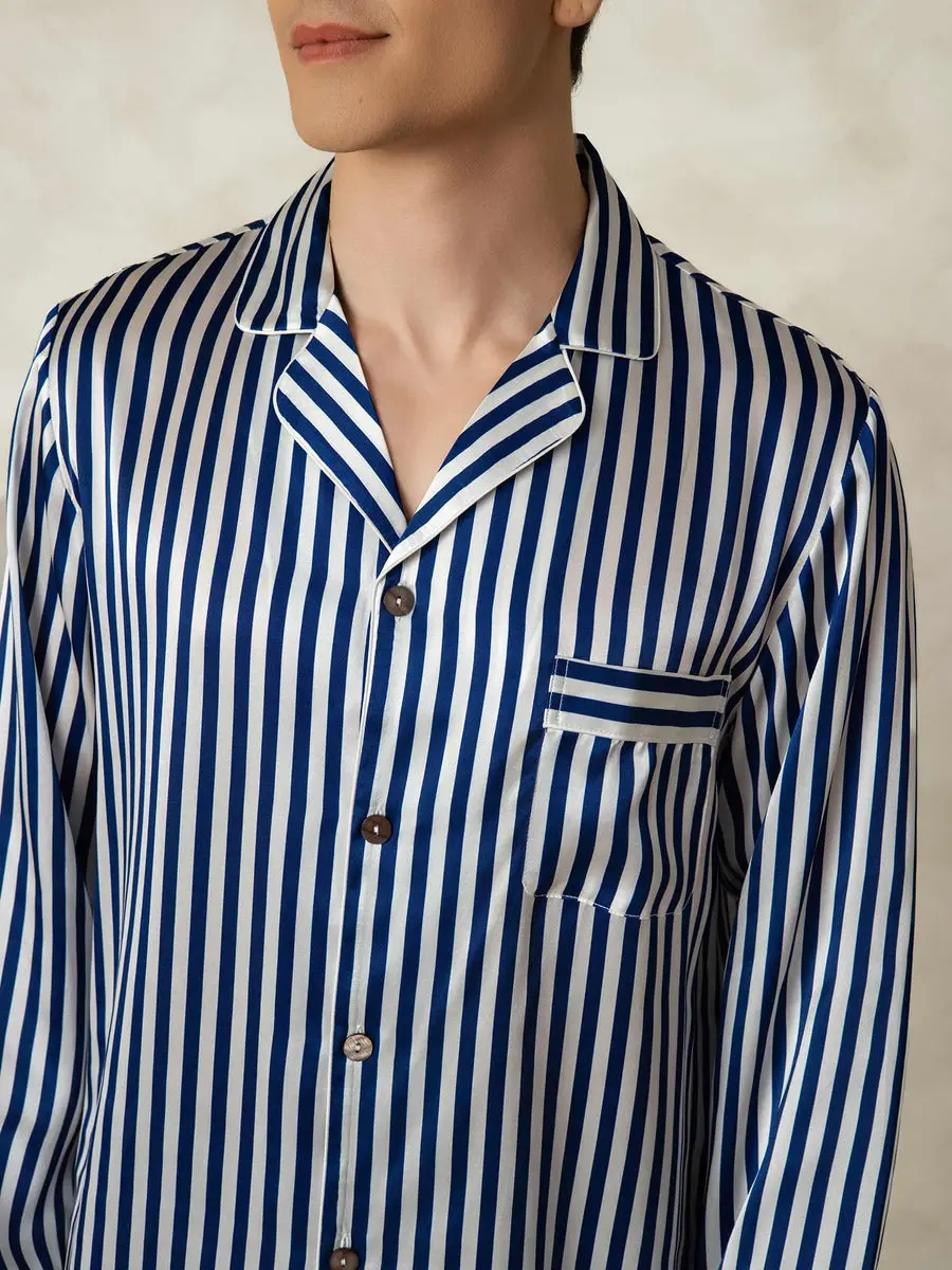 Men's 100% Mulberry Silk Stripe Print Long Sleeve Lapel Collar Pajamas Set — view 6
