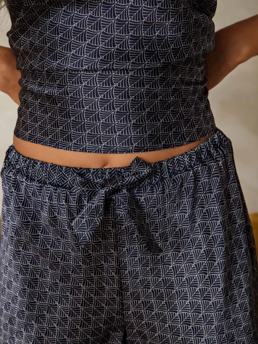 100% Mulberry Silk Navy Ginkgo Print Spaghetti Strap V Neck Camisole Set — view 6