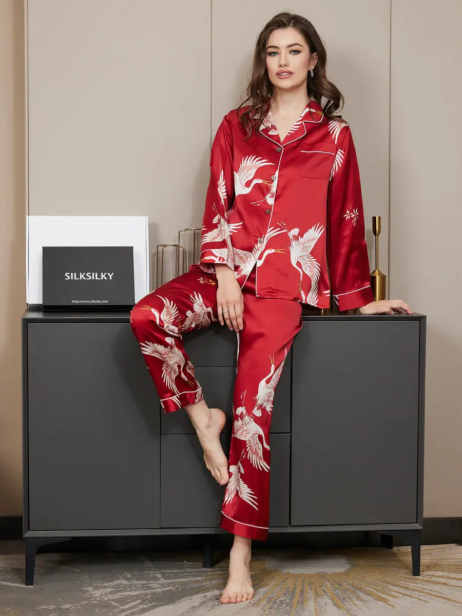 19Momme Women's 100% Mulberry Silk Crane Print Long Sleeve Notch Collar Pajamas Set