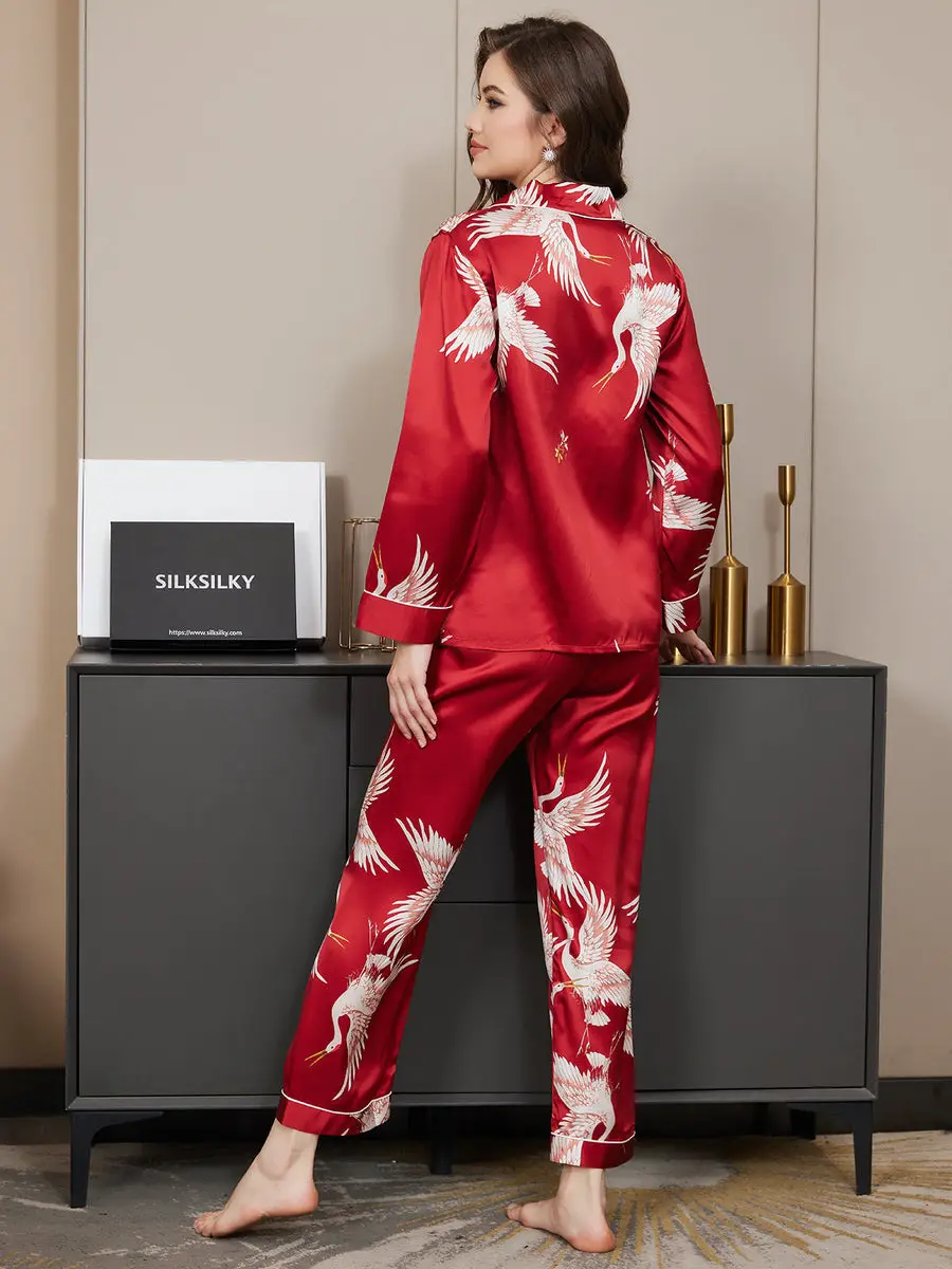 19Momme Women's 100% Mulberry Silk Crane Print Long Sleeve Notch Collar Pajamas Set — view 6