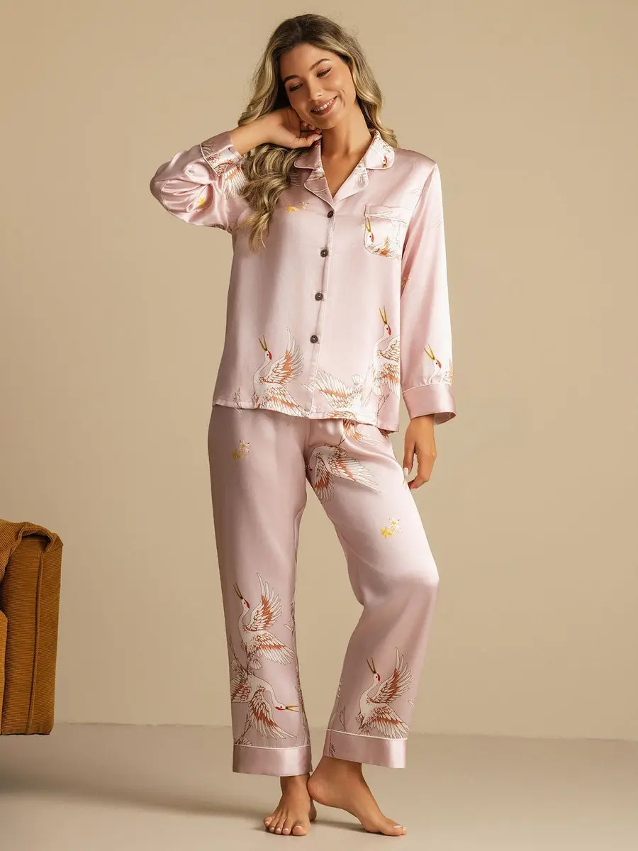 19Momme 100% Mulberry Silk Crane Print Women's Long Sleeve Notch Collar Pajamas Set